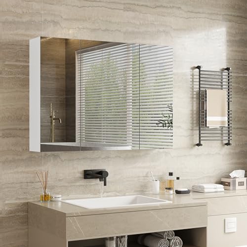 mojiasion Armadietto Specchio Bagno 3 Ante, 80×16×60cm, Bianco con Mensola Regolabile