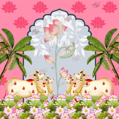 Image of S2S Traditional Backdrop Decoration Cloth | Pink Lotus 4 Cows Backdrop | Gomatha | for Pooja Decoration - 5 Feet Height & 5 Feet Width