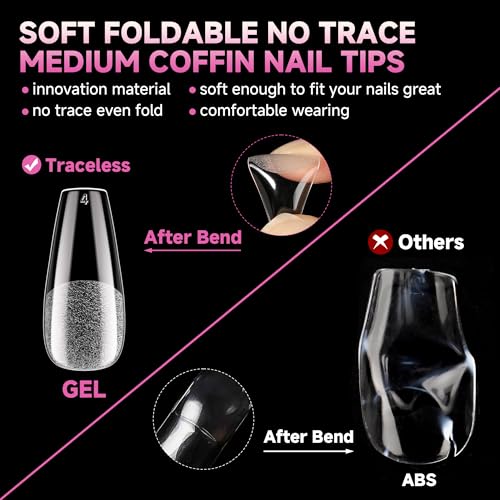 Image of UNA GELLA Medium Coffin Nails Tips Soft Gel 120pcs Half Matte | Nail Tips Coffin Full Cover Fake Acrylic Nails Clear Coffin Press on Nails for Nail Extensions Home DIY Salon 12 Sizes