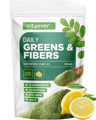 Daily Greens & Fiber en polvo: psyllium, espirulina, moringa, hierba de cebada, inulina, fibra de manzana, extracto de cúrcuma, fibra de acacia, lecitina (600 g,limón)