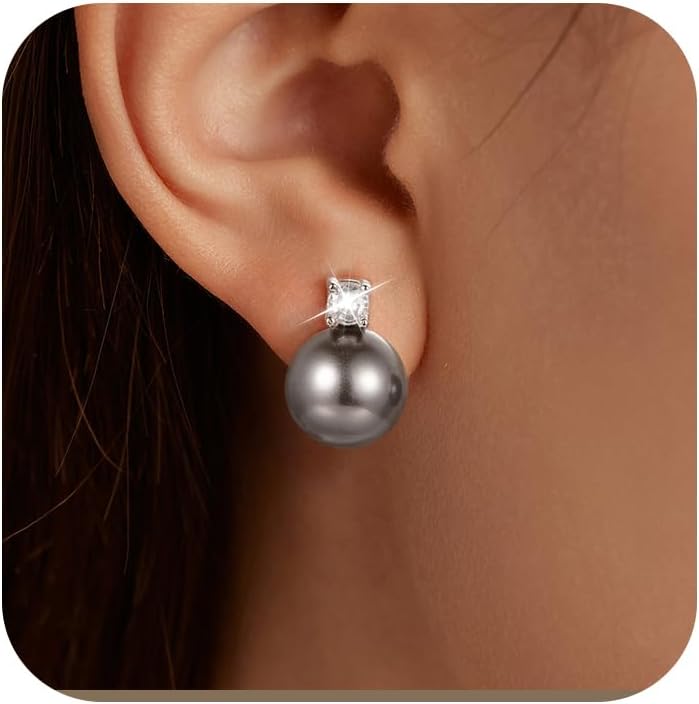 Pearl Earrings for Women S925 Sterling Silver Cubic Zirconia Pearl Drop Stud Earrings Round Pearls Dangle Hypoallergenic Earrings for Birthday Mother's Day Jewelry Gifts