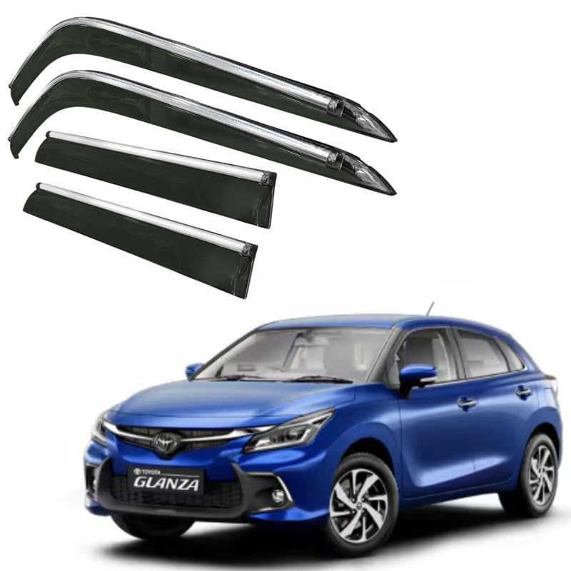 Image of CAR SAAZ Side Door Visors for GLANZA (2019-2022)(Set of 4Pcs)|Chrome Lined Rain Guards, Polycarbonate, Smoke Finish