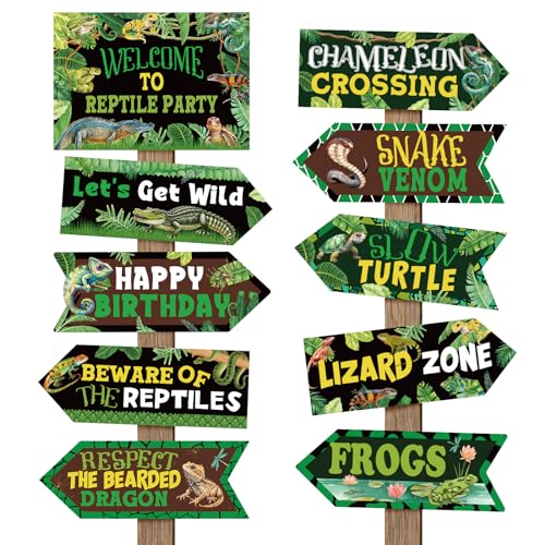 Image of 20 Pieces Reptile Birthday Party Decorations Welcome to Reptile Party Directional Signs Swamp Lizard Snake Alligator Reptile Birthday Party Supplies Wall Door Porch Yard Sign