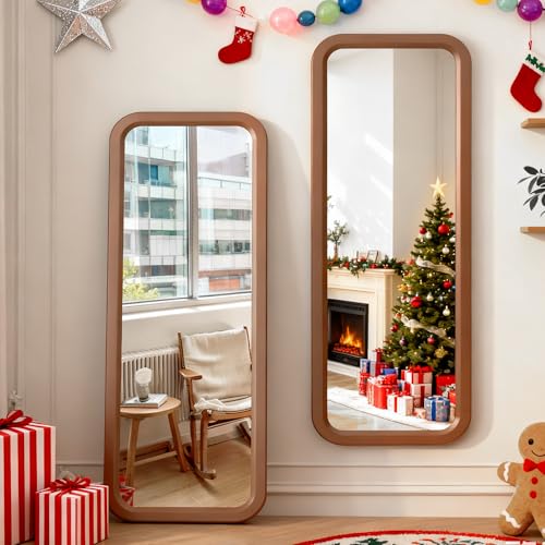 LVSOMT Espejo Cuerpo Entero Pared de Madera, 120x40cm Espejos Grande de Pared, Suspensión Horizontal/Vertical, Espejo Colgante Rectangular, para Vestidor Dormitorio Salón, Esquina Redondeada, Nogal
