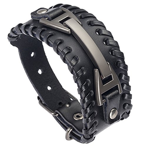 Hamoery Men Leather Bracelet Punk Braided Rope Alloy Bracelet Bangle Wristband（Black）