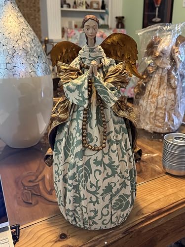 Golden Winged Christmas Angel 19.5" Tall Light Green and Ivory Garment with Golden Bead Strand and Shawl4