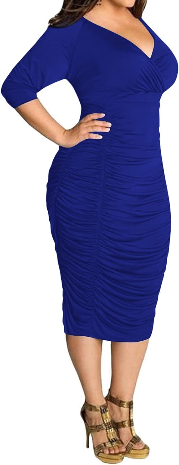 Yiershu Womens Plus Size Short Sleeve Bodycon Dresses Sexy Ruched Wrap Deep V Neck Party Cocktail Dress - Image 4