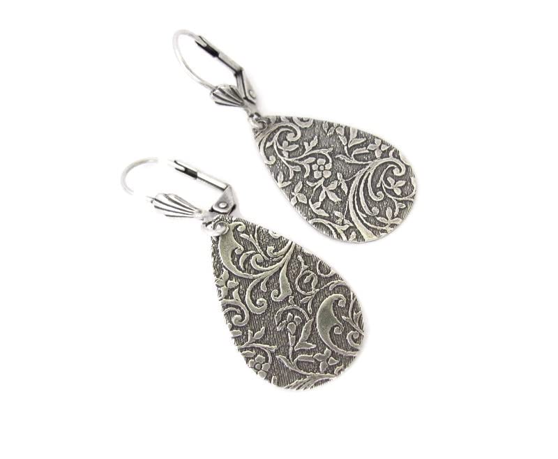 Art Nouveau Design Earrings Tear Drop Bohemian Boho Style Antiqued Silver-tone
