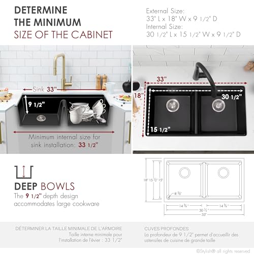 Image of Stylish 33 x 18 Inch Composite Granite Workstation Kitchen Sink, Double Bowl Under Mount & Drop in, 9.5 in Deep, with Bamboo Cutting Board, Roll-Up Drying Rack, Colander & Strainers, Black, S-833WN