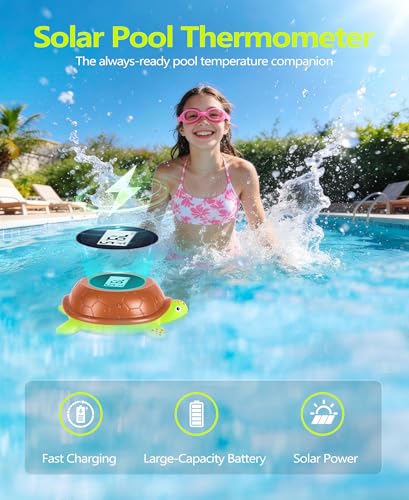PoolLeader 2026 Solar Digital Pool Thermometer with Rope | Backlit LCD Display for Easy Read at Night | ±0.5℉ High Accuracy, 10s Fast Response | Turtle Pool Temperature Thermometer for Hot Tub, Spa