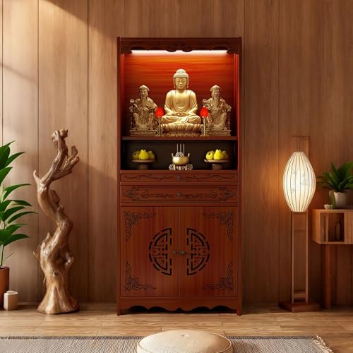 Mesa de altar multifuncional con almacenamiento, armario Puja con cajón de doble modo, sostiene suministros rituales de incienso para culto familiar