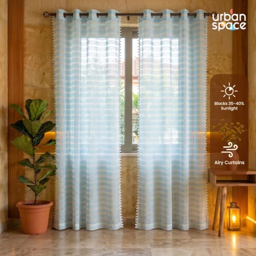 Image of Urban Space Aari Collection Weaved Sheer Curtains for Window 5 Feet, 40-50% Light Filtering Textured Curtain with Eyelets and Tieback, Set of 2 Decorative Curtains (Weaves SkyBlue, Window- 5 Ft)