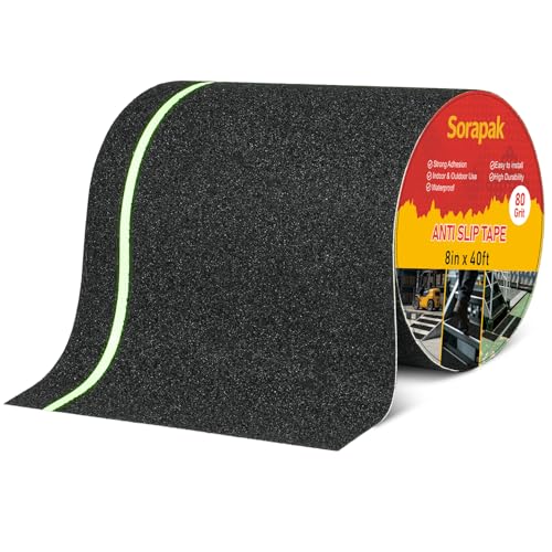 Image of Glow in The Dark Anti Slip Tape, 8in x 40ft Black 80 Grit Waterproof Grip Tape Roll, Non Slip Stair Treads for Outdoor Steps, Ramps, Walkways, Decks & Floors