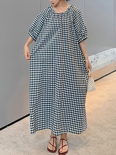 chouyatou Women's Casual Gingham Loose-Fit Swing Dress Cotton Lantern Puff Sleeve Plaid Midi Long Dress4