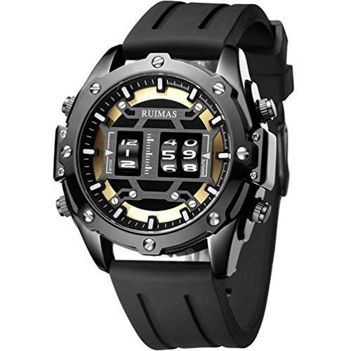 RUIMAS Montre à quartz militaire étanche pour homme avec cadran noir et bracelet en silicone pour homme