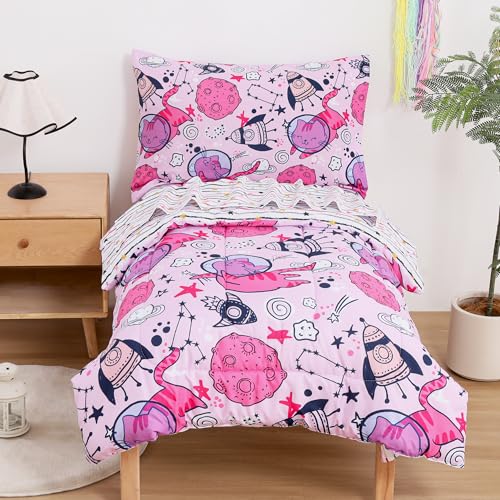 Mooreeke Toddler Bedding Sets for Girls,4 Pieces Cute Space Cat Printed