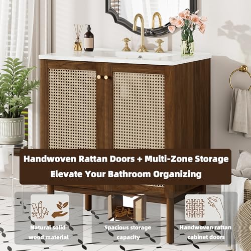 Elysionix 60 inch Bathroom Vanity with Double Sink Featuring Rattan Doors and Soft-Closing Mechanisms, MDF Single Bathroom Vanity Suite, Walnut Color
