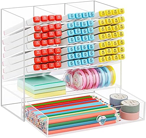 Marbrasse Clear Pen Organizer Storage, Acrylic Desk Organizer with 12 Compartments, Pen Organizer for Desk, Desktop Art Organizer for Office School Art Supplies (Acrylic Pen Holder with Drawer)