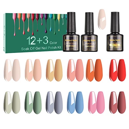 SINZONeu Vernis Semi Permanent -15 Vernis Manucure Nail Art Lot Vernis à Ongles Gel UV LED Nail Polish 12 Couleurs Populaire Avec Base et Matt Top Coat, 8ml