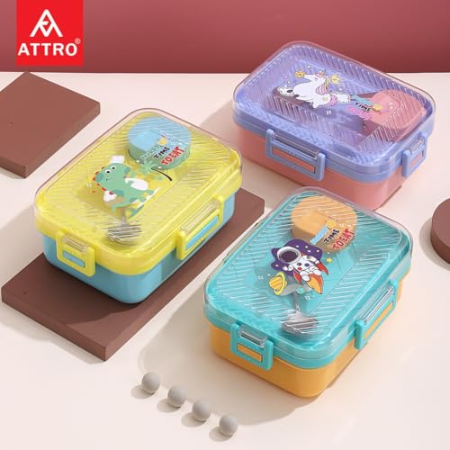 Image of ATTRO Monark Astro Themed Kids Lunch Box with Inner Steel 3 Compartment 1 Small Container, 1 Spoon & Separate Internal Lid Leakproof- 750ml+70ml Blue