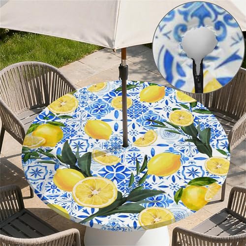 COTAIL Round Outdoor Tablecloth with Zipper and Umbrella Hole, Fitted Table Cloth with Elastic, Oil Waterproof Tablecover for Patio Picnic Camping Garden Fits 37"-44" Round Table, Lemon by COTAIL - Used condition - Image 2