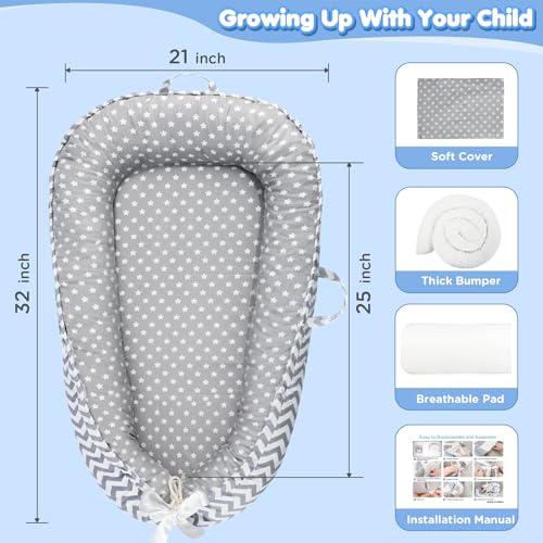 Image of KISS GOLD Baby Lounger - Breathable Soft Cotton Cover Baby Lounger Nest, Babies Essentials Gifts, Portable Lounger for Baby Tummy Time Floor Playing Seated Support for Home and Travel