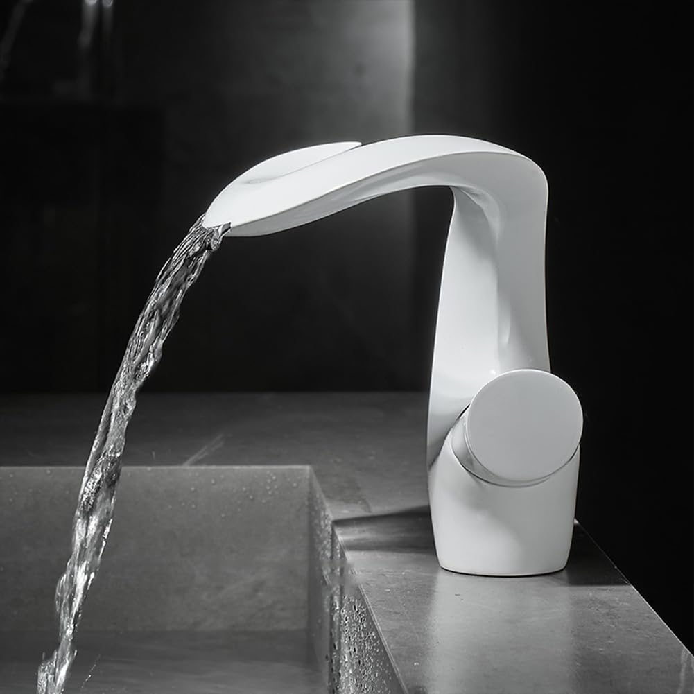 Wasserhahn Bad Wasserfall Waschtischarmatur Messing Einhebel Mischbatterie Waschbecken Armatur, Badarmatur Waschtischbatterie Badezimmer, Weiß