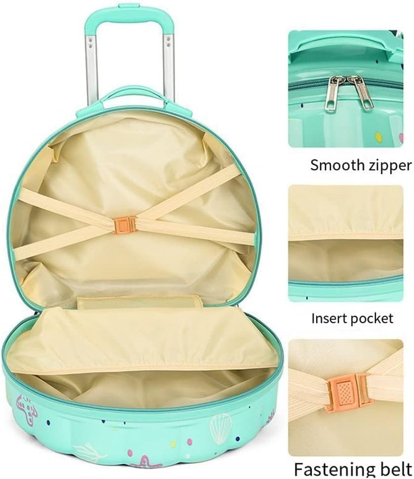Image of ADSON Children 3D Cute Mermaid Sea Shell Design Pearl Print Kids Trolley Bag Cabin Suitcase for Children Teens 360 Travel Trolley Child Hardsided Suitcase Boy Girl Luggage (Mermaid Sea Green)