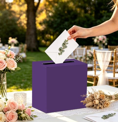 Image of SietDESEO Purple Card Box for Graduation Large Cardboard Gift Card Box Holder for Wedding Reception Birthday Graduation Baby Shower Raffle Ticket Box with Slot