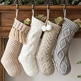 Pawliss Christmas Stockings: 4 Pack 18 Inch Cable Knit Fireplace Stockings, Cozy Hanging Xmas Stockings Boho Farmhouse Knitted Stocking Decorations for Family Holiday Décor, White Gray Beige