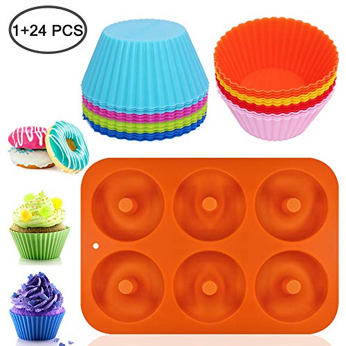 24 Pcs Silicone Cupcake Baking Cups & Non-Stick Donut Pan, Aifuda Heat Resistance Baking Mold For Cake Cups Liners Muffin Cake Biscuit Bagels #TOP1