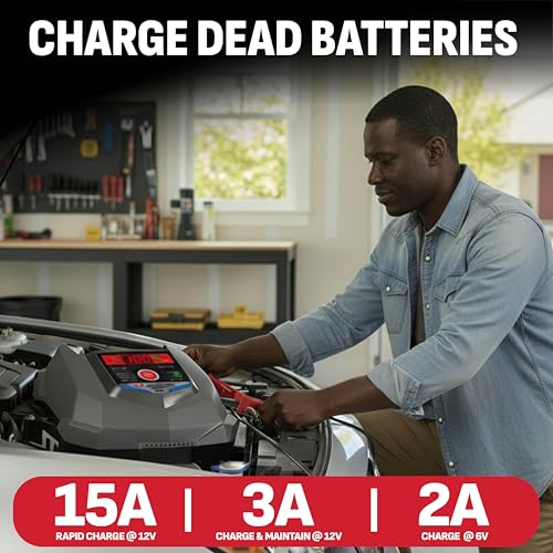 Schumacher Electric 15A Car Battery Charger and Maintainer, 4-in-1 Solution, for 6V/12V Power Sport, Automotive, and Marine Batteries, SC1280