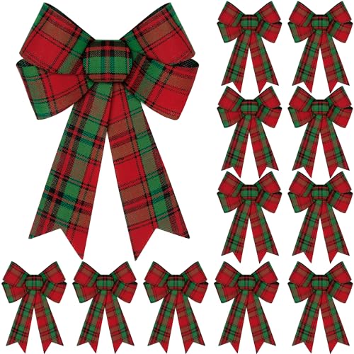 12 PCS Christmas Tree Bows, 9x12 in Large Green Red Christmas Bows, Plastic Xmas Bows for Buffalo Plaid Christmas Porch Decorations Xmas Decor Home Party Supplies for Fence Railing Stairs Door
