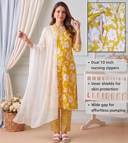Image of DUMMY SHAPE Feeding Kurtis for Women Cotton Blend | Floral Kurta Pant Dupatta Set with Nursing Zippers to Pre & Post Partum | Maternity Dresses | Mom to Be Gifts for Pregnant Woman