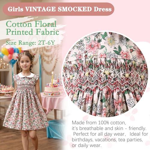 Toddler Girl Dress Smocked Floral Vintage Dress Tea Party Cotton Spring Summer Dresses for Girls,Size 2t-8y4