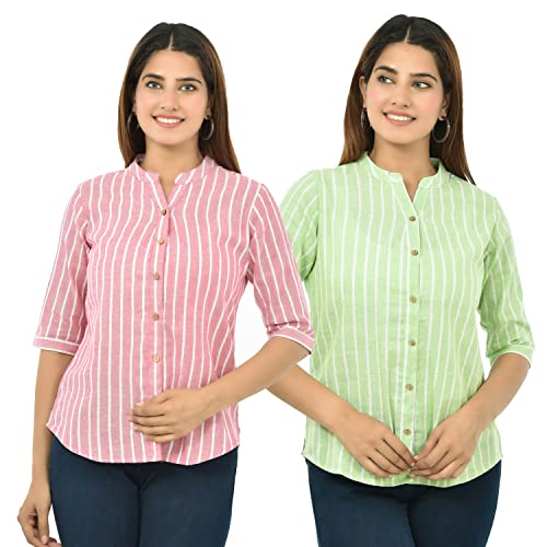 Image of Women /Girls Cotton Stripe Regular Fit Shirts Pack of 2