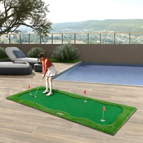 Golf Putting Green, Golf Training Mat Turf, 3 Holes, 3 Flags and Cups for Indoor Outdoor，Green