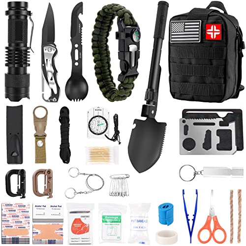 Emergency Survival Kit First Aid Kit, 121Pcs Tactical Gear Camping Gear Emergency Supplies with MOLLE Pouch, Stocking Stuffers for Men Camping Hiking Hunting Outdoor Adventure