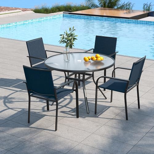 Anmutig 5-Piece Outdoor Patio Dining Set, 40-Inch Round Glass Table with 4 Stackable Chairs, Navy