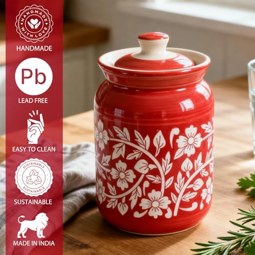 Image of Orange Floral Printed Ceramic Handglazed Pickle Jars Set of 2-1000 ML Each | 1 kg Achaar Martban Barni Jar with Lid | Ceramic Storage Jar Container Pickle /Achar, Chatney