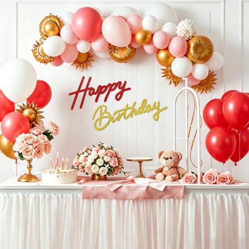 Image of TONIFUL Happy Birthday Sign for Backdrop - Glitter Red Gold Felt Banner - Includes Dot Glue - Perfect for Birthday Party Backdrop,Wall Decr,Balloon Arch,Photo Background