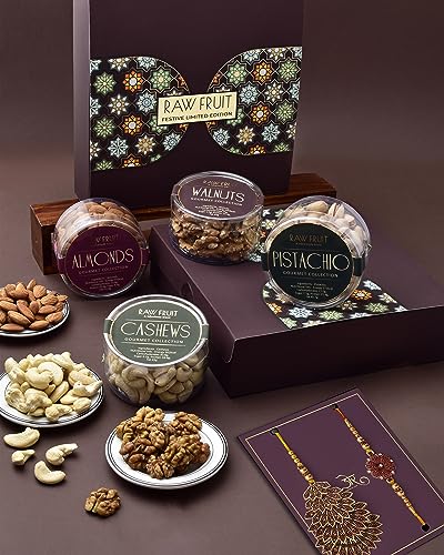 Image of HyperFoods Dry Fruits Combo Pack Rakhi Gift Hamper Pack of 4 Dry Fruits Cashews Walnuts Almonds Pistachios 475 Grams Nuts and Dryfruits Bhaiya Bhabhi Rakhi Set with Roli & Rice