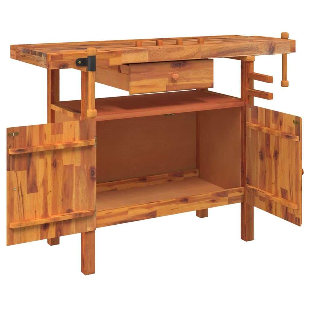 vidaXL Banco da lavoro con cassetto e morse 124x52x83 cm in legno massello di acacia