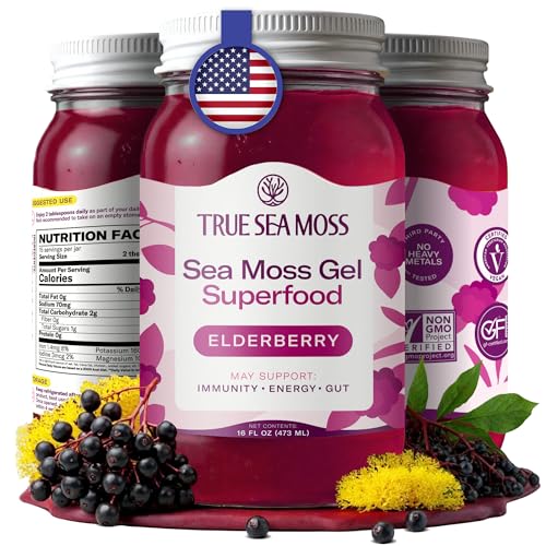 TrueSeaMoss Sea Moss Gel – Made in USA – Wildcrafted Seamoss, Fresh Fruits & Jarred Vegetables – Elderberry, Pack of 1 (Labels May Vary)