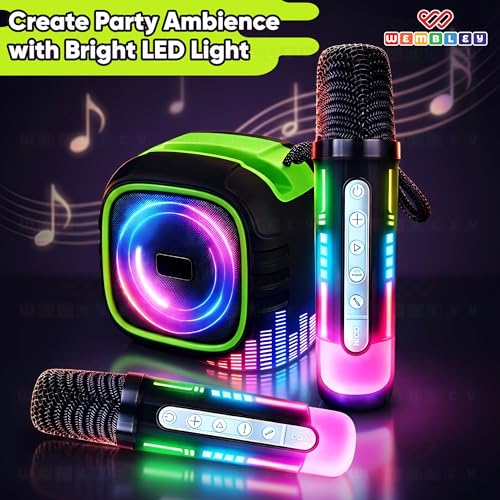Image of Wembley Karaoke Machine with 2 Wireless Microphone for Adults & Kids | Portable Bluetooth Speaker with RGB LED Lights, HD Sound, 5 Voice Modes & 5W Output | Party Speaker with Wireless Mic