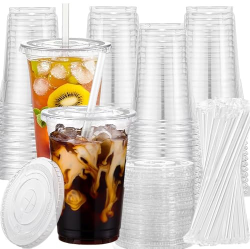 50 Pack 600ml Clear Plastic Cups with Lids and Straws, 20oz Sturdy & Food Safe Iced Clear Coffee Cups with lids, Durable & Reusable Plastic Smoothie Cups for Cold Drinks