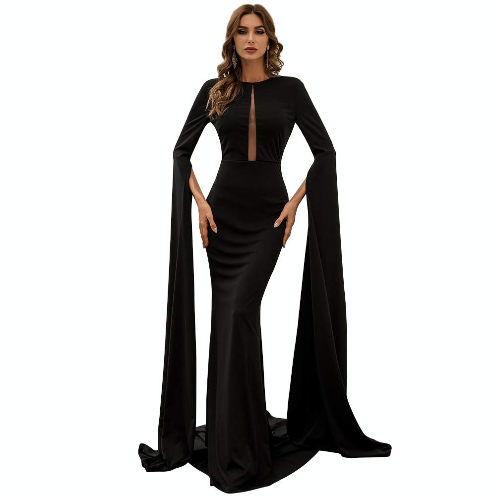 Lin Lin Q Women’s Extra-Long Split Sleeve Evening Maxi Dress, Cut-Out Mesh Insert Mermaid Wedding Gowns