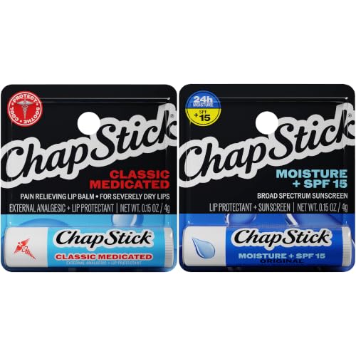 ChapStick Lip Balm Set, 1 Classic Medicated + 1 Moisture SPF 15, 0.15 Oz Ea
