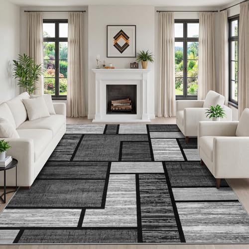 Image of IMIYOKU Washable Rug for Living Room, 200x290cm Large Modern Carpet with Non-Slip Backing, Black Grey Geometric Large Area Rug for Bedroom,Dining Room, Home Office