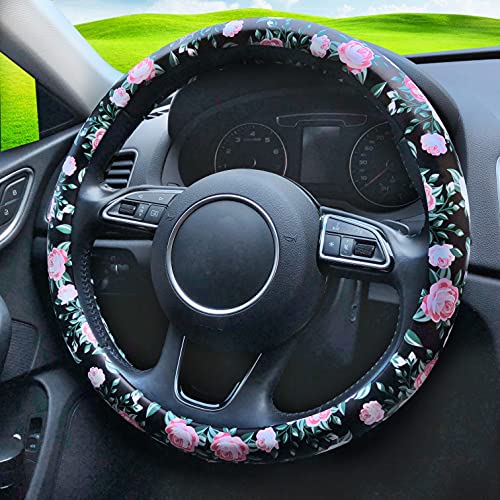 Binsheo Leather Car Floral Automotive Steering Wheel Cover, For Women Girls Ladies, Anti Slip Universal 15, Balck With Pink Flowers #TOP2